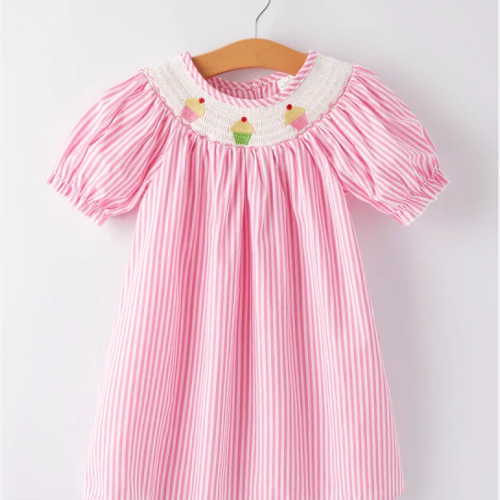 Pink Striped Kids Dress with cupcake Embroidery smocked new with tags